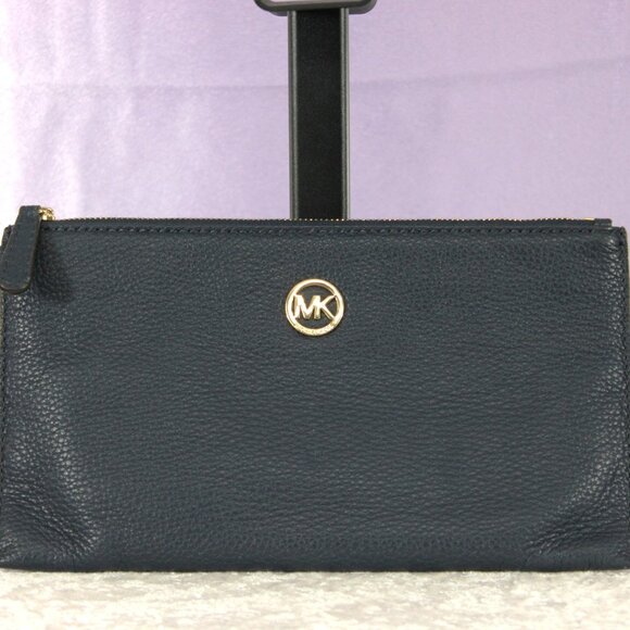 Michael Kors Pebble Leather Navy Wristlet with Gold Logo & Card Slots - Picture 1 of 5